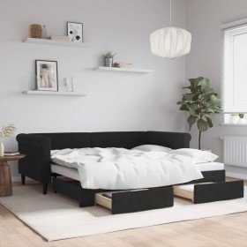 Sofá cama nido con cajones terciopelo negro 90x190 cm Sofá cama nido con cajones terciopelo negro 90x190 cm