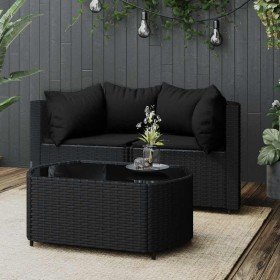 Set de muebles de jardín 3 pzas y cojines ratán sintético negro Set de muebles de jardín 3 pzas y cojines ratán sintético negro