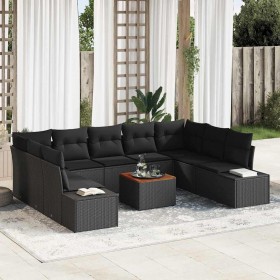 Conjunto de sofá de jardín con cojín 10 pcs Negro Poliratán