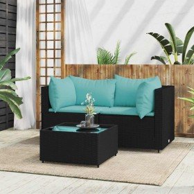 Set de muebles de jardín 3 pzas y cojines ratán sintético negro Set de muebles de jardín 3 pzas y cojines ratán sintético negro