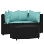 Set de muebles de jardín 3 pzas y cojines ratán sintético negro