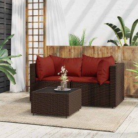 Set muebles de jardín 3 piezas y cojines ratán sintético marrón
