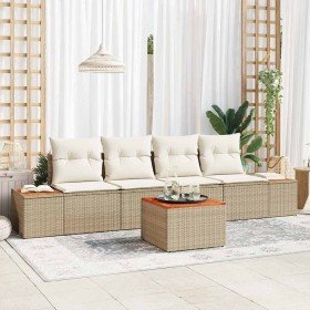 Conjunto de sofá de jardín con cojín 5 pcs Beige Poliratán