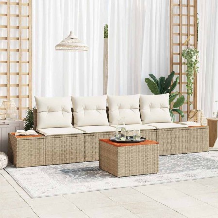 Conjunto de sofá de jardín con cojín 5 pcs Beige Poliratán