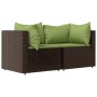 Set muebles de jardín 3 piezas y cojines ratán sintético marrón