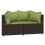 Set muebles de jardín 3 piezas y cojines ratán sintético marrón