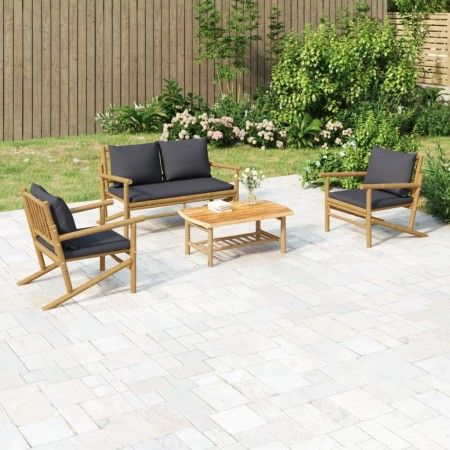 4-teiliges Gartenmöbel-Set aus Bambus mit dunkelgrauen Kissen von vidaXL, Gartensets - Ref: Foro24-3156470, Preis: 457,92 €, ...