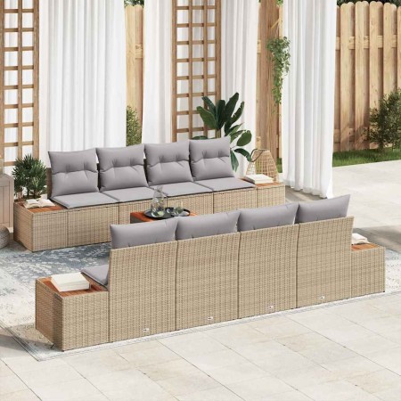 Conjunto de sofá de jardín con cojín 9 pcs Beige Poliratán