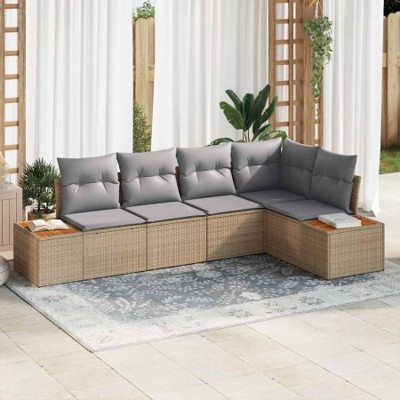 Conjunto de sofá de jardín con cojín 5 pcs Beige Poliratán