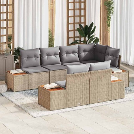 Conjunto de sofá de jardín con cojín 7 pcs Beige Poliratán