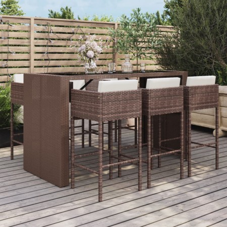 Mesa y taburetes altos jardín 7 pzas y cojines ratán PE marrón