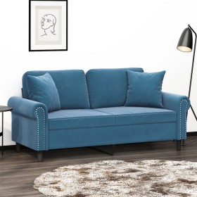 Sofá de 2 plazas con cojines terciopelo azul 140 cm