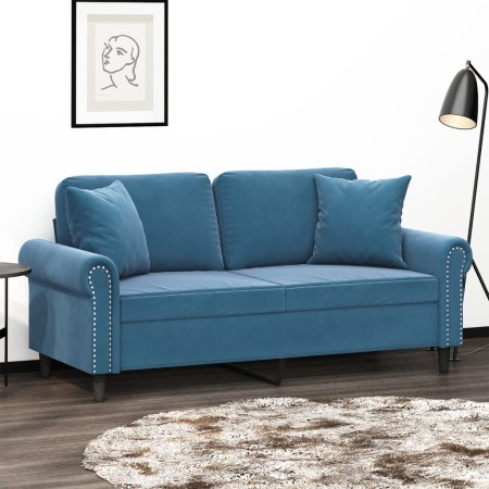 Sofá de 2 plazas con cojines terciopelo azul 140 cm