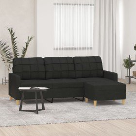 Sofá de 3 plazas con taburete de tela negro 180 cm Sofá de 3 plazas con taburete de tela negro 180 cm