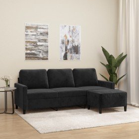 Sofá de 3 plazas con taburete de terciopelo negro 180 cm Sofá de 3 plazas con taburete de terciopelo negro 180 cm