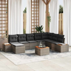 Conjunto de sofá de jardín con cojín 9 pcs Gris Poliratán
