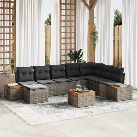 Conjunto de sofá de jardín con cojín 9 pcs Gris Poliratán