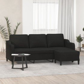 Sofá de 3 plazas con taburete de tela negro 180 cm Sofá de 3 plazas con taburete de tela negro 180 cm