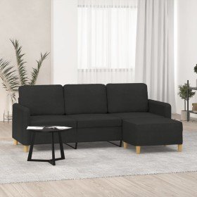 Sofá de 3 plazas con taburete de tela negro 180 cm Sofá de 3 plazas con taburete de tela negro 180 cm