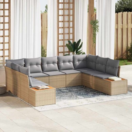 Conjunto de sofá de jardín con cojín 9 pcs Beige Poliratán