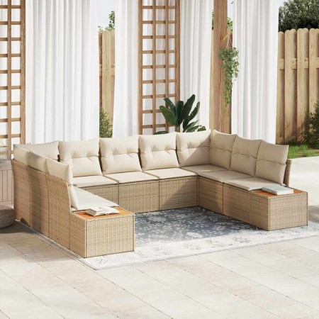 Conjunto de sofá de jardín con cojín 9 pcs Beige Poliratán