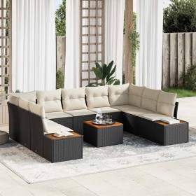 Conjunto de sofá de jardín con cojín 10 pcs Negro Poliratán