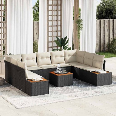Conjunto de sofá de jardín con cojín 10 pcs Negro Poliratán