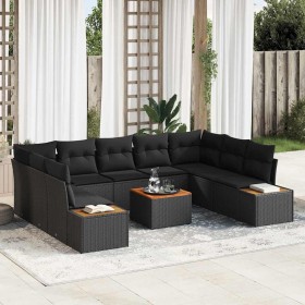 Conjunto de sofá de jardín con cojín 10 pcs Negro Poliratán