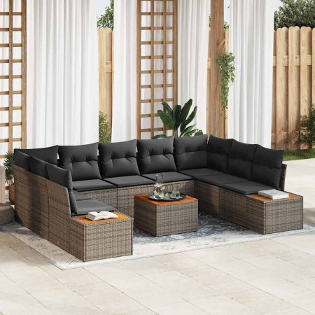 Conjunto de sofá de jardín con cojín 10 pcs Gris Poliratán