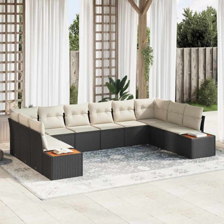 Conjunto de sofá de jardín con cojín 10 pcs Negro Poliratán