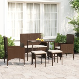 Set muebles de jardín 6 piezas y cojines ratán sintético marrón