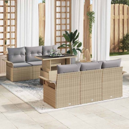 Conjunto de sofá de jardín con cojín 7 pcs Beige Poliratán