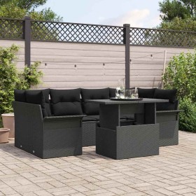 Conjunto de sofá de jardín con cojín 7 pcs Negro Poliratán