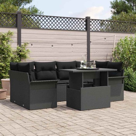 Conjunto de sofá de jardín con cojín 7 pcs Negro Poliratán