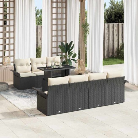 Conjunto de sofá de jardín con cojín 8 pcs Negro Poliratán