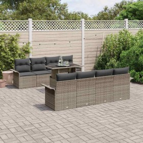 Conjunto de sofá de jardín con cojín 9 pcs Gris Poliratán