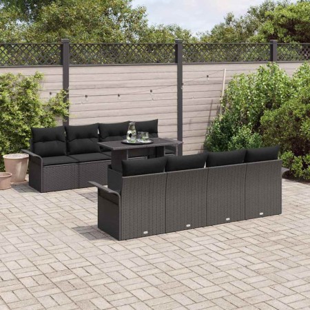 Conjunto de sofá de jardín con cojín 9 pcs Negro Poliratán