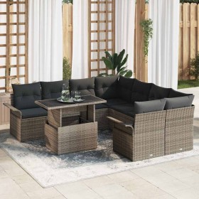 Conjunto de sofá de jardín con cojín 9 pcs Gris Poliratán