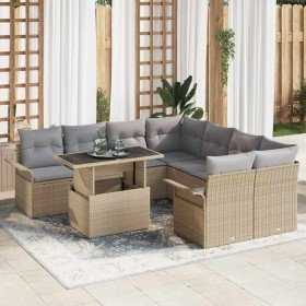 Conjunto de sofá de jardín con cojín 9 pcs Beige Poliratán