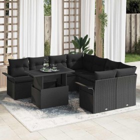 Conjunto de sofá de jardín con cojín 9 pcs Negro Poliratán