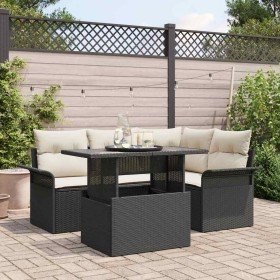 Conjunto de sofá de jardín con cojín 5 pcs Negro Poliratán Conjunto de sofá de jardín con cojín 5 pcs Negro Poliratán