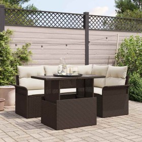 Conjunto de sofá de jardín con cojín 5 pcs Marrón Poliratán