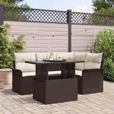 Conjunto de sofá de jardín con cojín 5 pcs Marrón Poliratán
