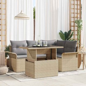 Conjunto de sofá de jardín con cojín 5 pcs Beige Poliratán