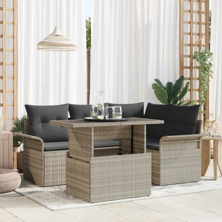 Conjunto de sofá de jardín con cojín 5 pcs Gris claro Poliratán