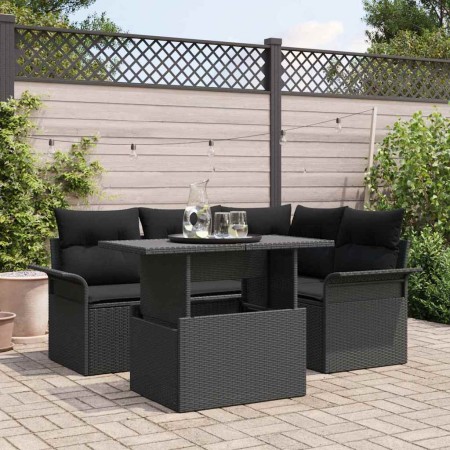 Conjunto de sofá de jardín con cojín 5 pcs Negro Poliratán
