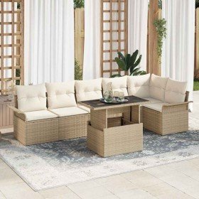 Conjunto de sofá de jardín con cojín 7 pcs Beige Poliratán Conjunto de sofá de jardín con cojín 7 pcs Beige Poliratán