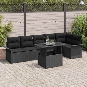 Conjunto de sofá de jardín con cojín 7 pcs Negro Poliratán