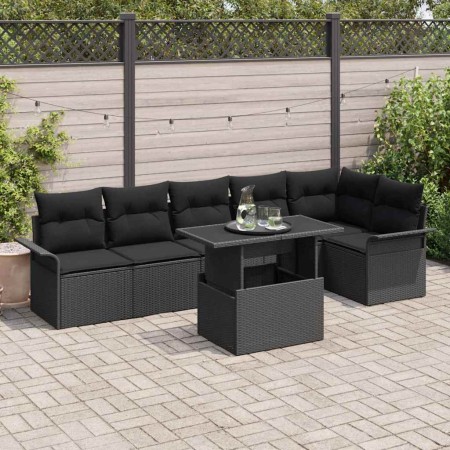 Conjunto de sofá de jardín con cojín 7 pcs Negro Poliratán
