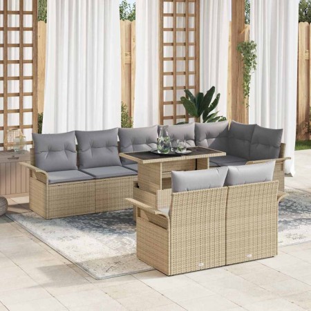 Conjunto de sofá de jardín con cojín 9 pcs Beige Poliratán